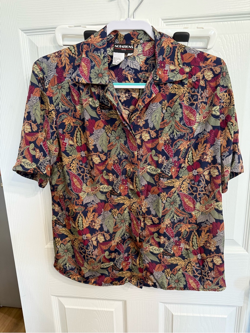 Petite Vintage Floral Paisley Button Front Blouse Navy Boho Cottagecore 10P